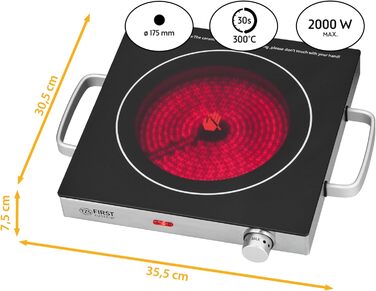 Перша інфрачервона керамічна плита TZS в Австрії ВСІ види горщиків Одинарна конфорка 17,5см Варильна поверхня для переїзду, кемпінгу, будинку для відпочинку - швидке нагрівання та плавне регулювання - один світловий індикатор з чорними ручками