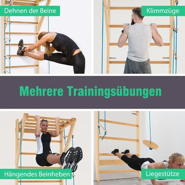 Дерев&39яна стіна для скелелазіння GYMAX, стіна для скелелазіння в приміщенні для дорослих та дітей, гімнастична стіна з турніком, мотузковими сходами та трапецією, стіна для фітнесу, вантажопідйомність до 100 кг, шведські сходи для домашнього використанн