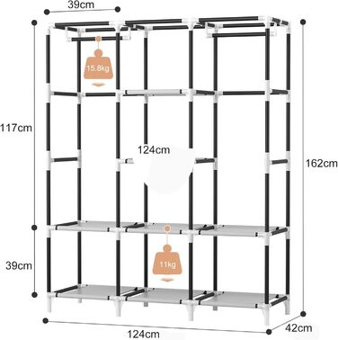 Велика тканинна шафа з 2 рейками для одягу та 8 полицями, складна шафа з кришкою, переносна шафа для гардеробної/спальні (сіра, 124 x 42 x 162 см)