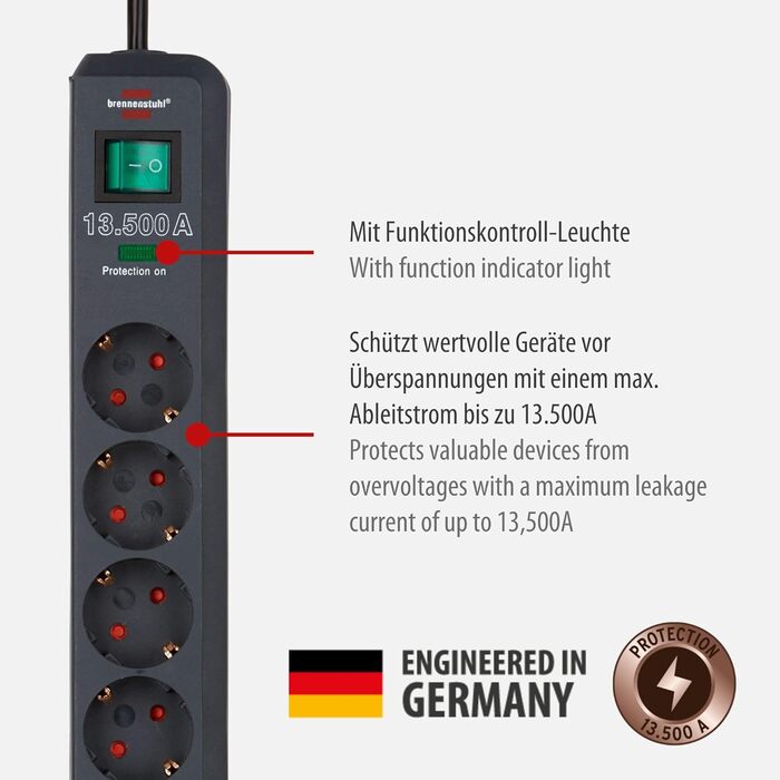 Розетка Brennenstuhl 6-місна із захистом від перенапруги та кабелем 5 м (розетка Eco-Line з вимикачем та підвищеним захистом від д