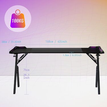 Ігровий стіл 160 x 60 см, ігровий стіл, комп&39ютерний стіл у формі літери А з RGB-світлодіодним підсвічуванням, карбонова поверхня, ергономічний кутовий стіл з підставкою для чашок та гачком для навушників, 160 x 60 см