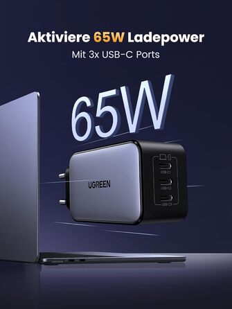 Адаптер живлення з 3 шт. USB-C портом швидкої зарядки Компактний зарядний пристрій, сумісний з MacBook Pro/Air, ноутбуком HP, iPad
