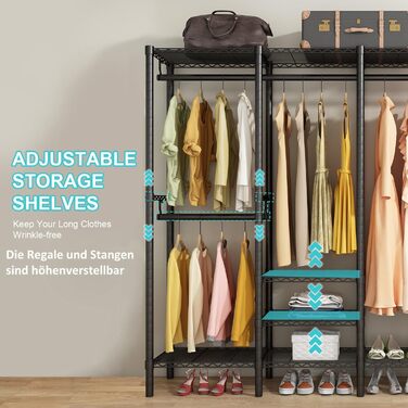 Вішалка для одягу KZOBYD, шафа-тумба з 6 полицями, що регулюються по висоті, штанга для одягу з 4 відділеннями для вішалок, багато місця, для спальні, вітальні (чорна)