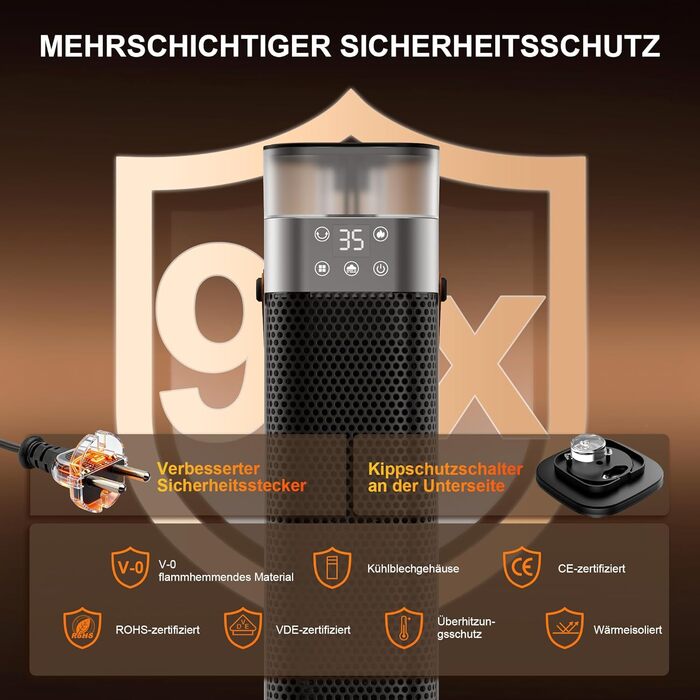 Енергозберігаючий електричний вентилятор-обігрівач, керамічний нагрівач PTC потужністю 2000 Вт з функцією зволоження, пульт дистанційного керування, коливання 75, 3 режими фонового освітлення, режим ECO, захист від перегріву та перекидання, 12-годинний та