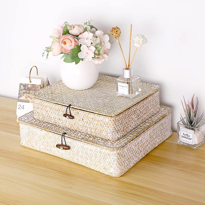 Кошик SUMNACON з ротанга, 2 шт., виготовлений з натуральної морської трави, з кришкою, коробка для зберігання ручної роботи, кошики для зберігання, кошик-органайзер для кухні, ванної кімнати, спальні, великий малий (прямокутний, білий)