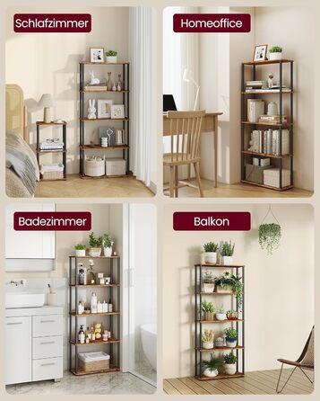 Надзвичайно швидке складання без інструментів, 5-рівнева полиця, окремостояча полиця для зберігання, 23,8 x 60 x 139 см, вітальня, спальня, кухня, вінтажний коричнево-чорний колір LLS165K01 5 рівнів (60Ш см)