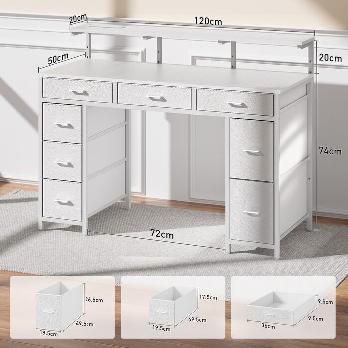 Письмовий стіл з 8 шухлядами, комп&39ютерний стіл з 2 розетками та 2 USB-портами для зарядки, офісний стіл зі світлодіодним освітленням та підставкою для монітора, ПК-стіл для офісу, вітальні, 120 x 50 x 74 см, білий