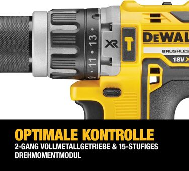 Акумуляторний ударний дриль Dewalt 18 В DCD796P2 (безщітковий двигун, 2-швидкісний суцільнометалевий редуктор, максимальний крутний момент 70 Нм, 15 рівнів крутного моменту, 2 літій-іонні акумулятори 18 В / 5 Ач та зарядний пристрій)