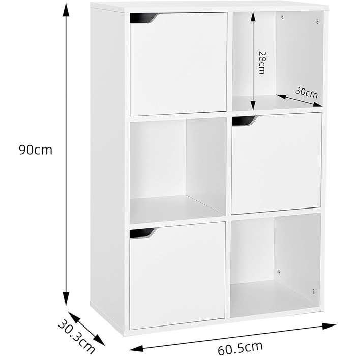 Полиця для зберігання Mondeer, багаторівнева книжкова полиця, дерев&39яна полиця, шафа для книг та DVD-дисків, шість відділень з трьома дверима, біла