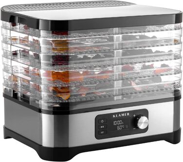 Дегідратор KLAMER 400 Вт, 24-годинний таймер і регулятор температури 35-70C, 5 вставок, що регулюються по висоті, сушарка з облицюванням з нержавіючої сталі, без BPA