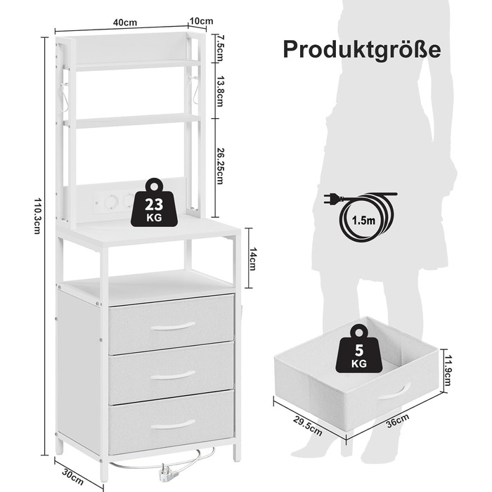 Приліжковий столик Dripex із функцією зарядки та світлодіодним підсвічуванням, бічний столик із 3 тканинними шухлядами, тумбочка з книжковою полицею, відкритим відділенням, 2 порти змінного струму, 1 USB та 1 порт типу C, для спальні, вітальні, офісу (біл