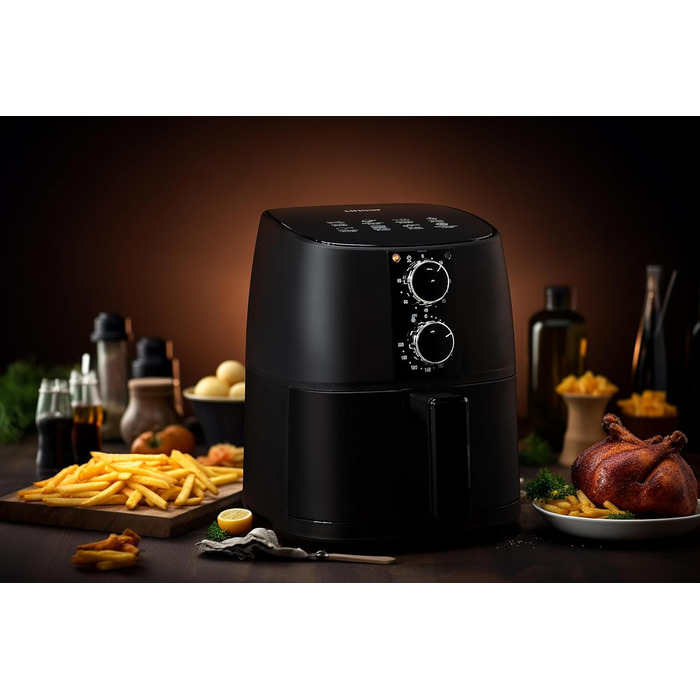 Аерофритюрниця 4 л - Фритюрниця з таймером і функцією збереження тепла - Вибір температури - Більш енергозберігаючий і швидший, ніж духові шафи - 1400 Вт (чорний)