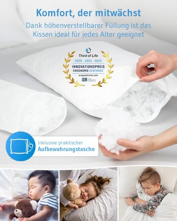 Дитяча подушка 40x60, Регульована по висоті дитяча подушка від 3 років, Екологічно чиста дитяча подушка TILLA - зроблено в ЄС, Зат