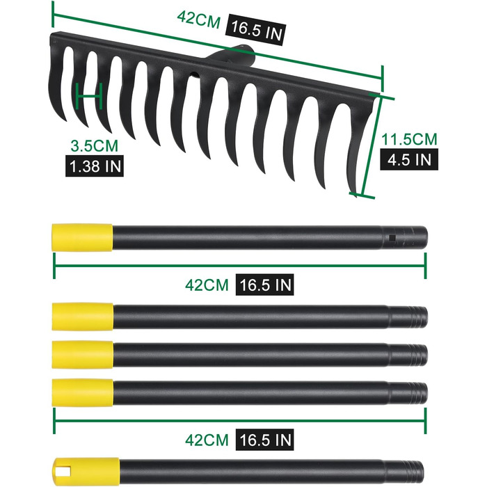 Міцний садовий грабель, 189 см, металевий грабель з 12 зубцями, вигнутий грабель з довгою ручкою для розпушування ґрунту, вирівнювання, догляду за газоном, сільського господарства, землі, чорний