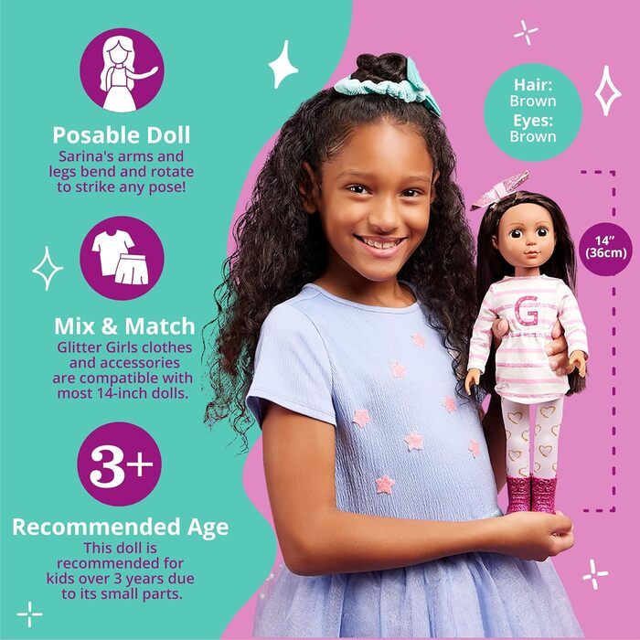 Рухома лялька 36 см з одягом, аксесуарами та довгим волоссям для укладки - іграшка для віком від 3 років (6 предметів), рожево-біл