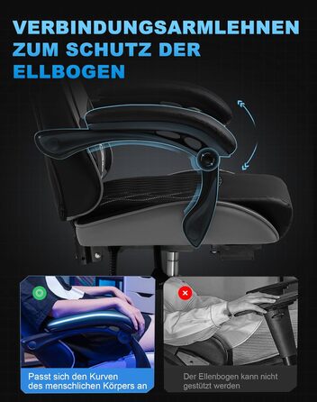 Ігрове крісло GTPLAYER - Ергономічне офісне крісло з регульованою поперековою опорою/підголівником та підставкою для ніг, вантажопідйомність 150 кг, сірий Ігрове крісло, крісло для ПК, письмове крісло