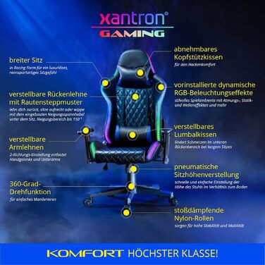 Ергономічне ігрове крісло Xantron з RGB-підсвічуванням - Вантажопідйомність 150 кг - Чорне ігрове крісло з ПВХ-шкіри - Регульоване ігрове крісло з газовою пружиною - Ігрове крісло