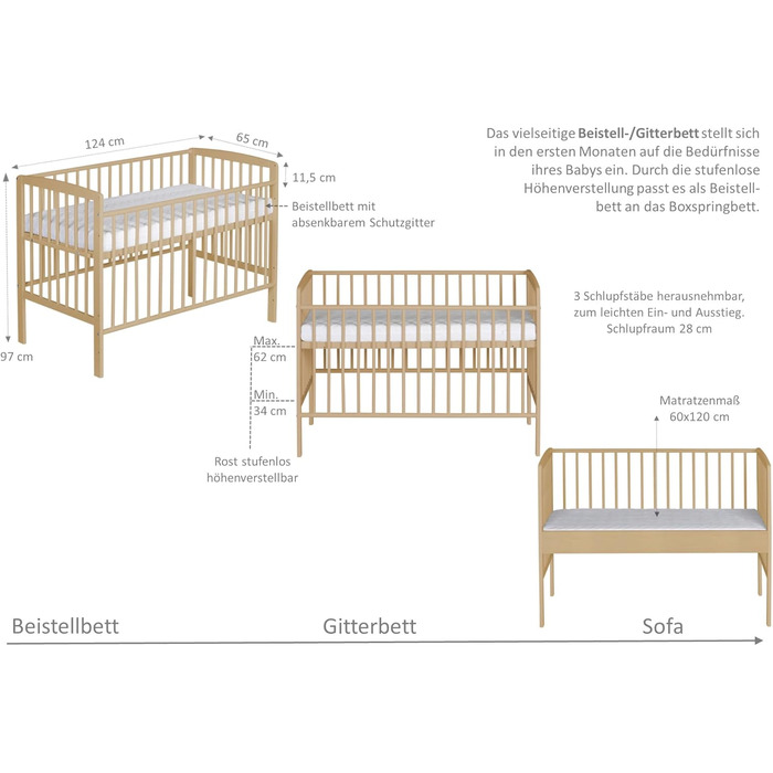 Дитяче ліжечко Micky Plus - Натуральний лак - Ліжечко 60120 см - Плавне регулювання висоти 3-в-1 - Ліжечко з бортиками для перетворення та системою ременів безпеки - Чудово підходить для ліжок з пружинним блоком
