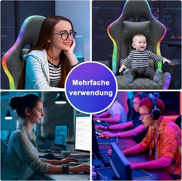 Ергономічне ігрове крісло для комп&39ютера з U-подібною подушкою для підтримки шиї, ігрове крісло зі світлодіодним підсвічуванням, функцією масажу попереку, регулювання висоти, сірий колір