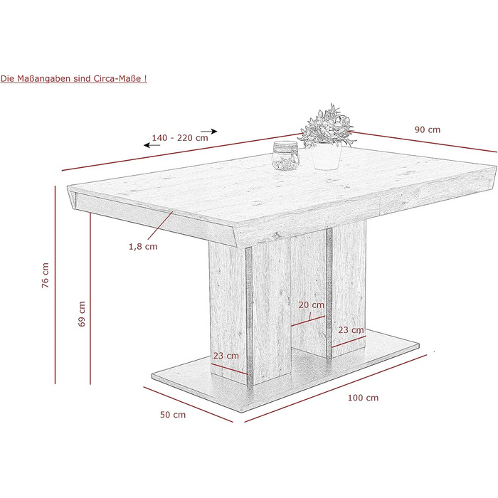 Обідній стіл Agnes на п&39єдесталі, матеріал на основі дерева з меламіновим покриттям, декор Artisan Oak, синхронізоване висування, 140-220x90x76 см