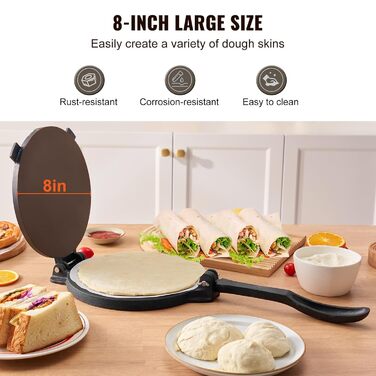 Прес для тортильї VEVOR, прес для тако 20 см, міцний чавунний прес для тортильї, виробник попередньо приправлених тортильї з пергаментним папером 100 шт., машина для тіста для борошняної тортильї, чорна