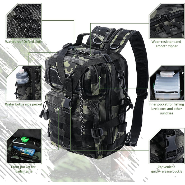 Рибальська сумка Aceshop, водонепроникний рюкзак для рибальських снастей Рибальський рюкзак Військова сумка через плече Molle Fishing Bag Тактичний туристичний рюкзак Багатофункціональний військовий рюкзак для риболовлі Похідний камуфляж