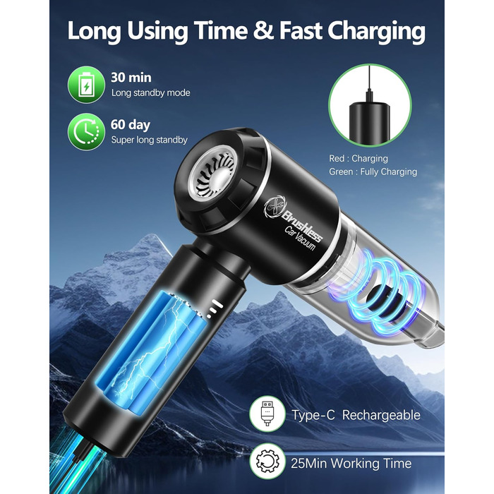 Ручний пилосос, портативний легкий автомобільний пилосос потужний, 18000 Па 4 в 1 акумуляторний бездротовий ручний пилосос, 3-швид