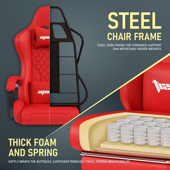 Ігрове крісло Ергономічне ігрове крісло з поперековою опорою, дихаюче офісне крісло зі штучної шкіри, зручне комп&39ютерне крісло, вантажопідйомність 200 кг, регульована висота сидіння та спинки (червоне)