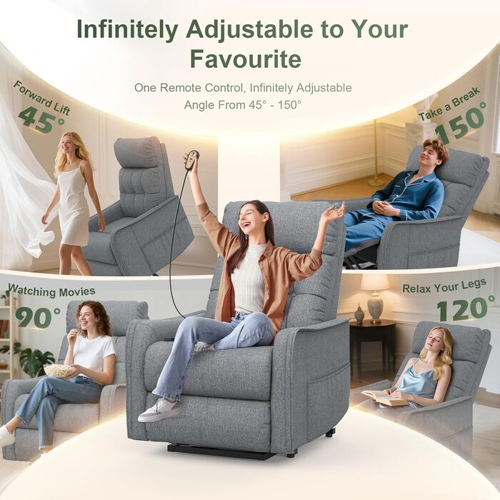 Крісло-реклайнер для телевізора з підйомником, електричне масажне крісло з функцією відкидання, масажем та підігрівом, крісло для телевізора, шезлонг, м&39яке крісло, крісло для вітальні з 2 пультами дистанційного керування, сірий