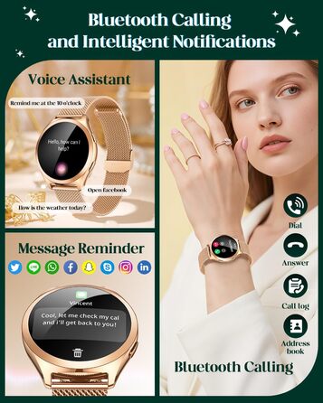 Золотий смарт-годинник для жінок, круглий смарт-годинник для жінок, металевий браслет з функцією телефону, крокомір, монітор сну, серцевий ритм, кров&39яний тиск, водонепроникний 1,27 дюйма, маленький тонкий сенсорний екран, спортивний фітнес-годинник