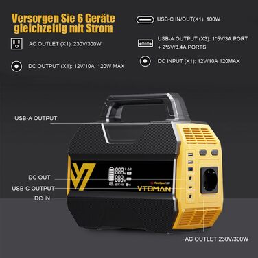 Портативна електростанція VTOMAN FlashSpeed 300 - літій-полімерний акумулятор 230 Втгод з вихідною потужністю змінного струму 300 Вт (пікова 600 Вт), сонячна електростанція, 100 Вт USB-C/230 В змінного струму для дому, кемпінгу на природі, автофургонів, р