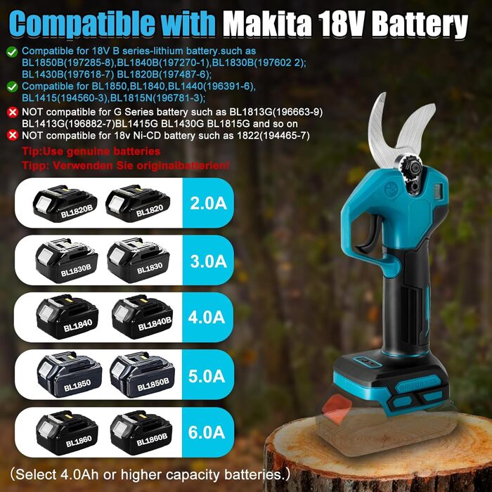 Акумуляторні сучкорізи зі штангою, безщіткові акумуляторні садові ножиці 2-в-1, сумісні з акумуляторами Makita, діаметр різання 30 мм, акумуляторні ножиці для обрізки саду та дерев, подовження 2 м (акумулятор не входить до комплекту), макс. 30 мм, зі штан