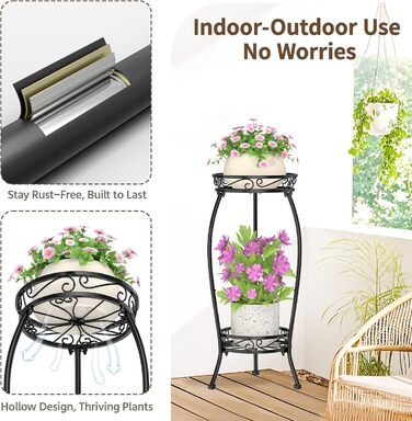 Дворівнева підставка для рослин чорного кольору для використання в приміщенні та на вулиці, для великих, високих квіткових горщиків на терасі, міцна вертикальна металева полиця для вузьких кутів підлоги, стабільний тримач-органайзер, чорний відтінок