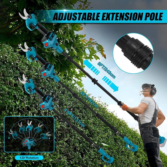 Акумуляторні сучкорізи зі штангою, безщіткові акумуляторні садові ножиці 2-в-1, сумісні з акумуляторами Makita, діаметр різання 30 мм, акумуляторні ножиці для обрізки саду та дерев, подовження 2 м (акумулятор не входить до комплекту), макс. 30 мм, зі штан