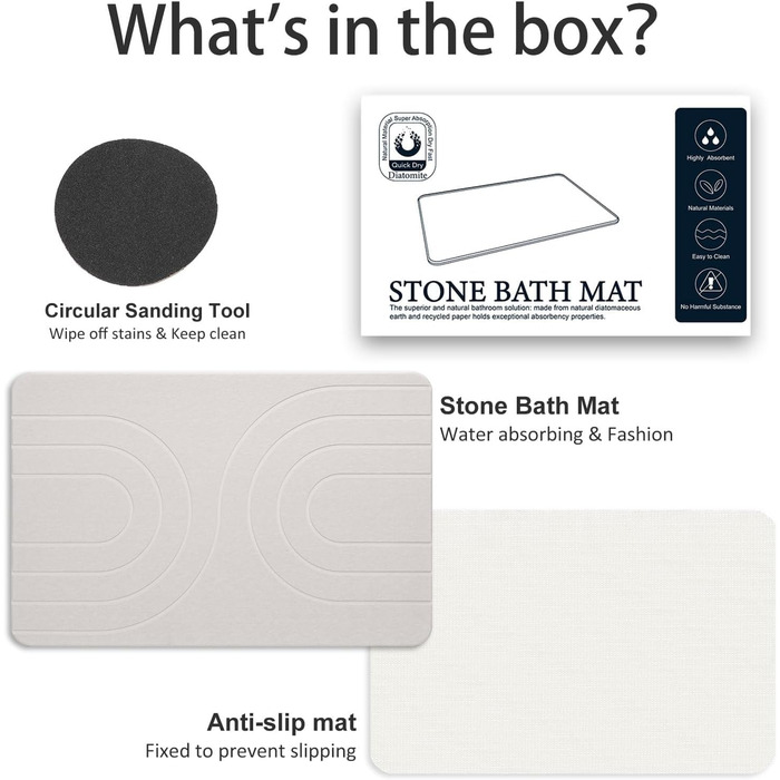 Килимок для ванної Feilifan з каменю діатомовий килимок, швидковисихаючий діатомовий килимок для душу, водопоглинаючі кам&39яні килимки для ванної кімнати та кухні, легко миється (59,7 x 38,1 x 1 см, білий)