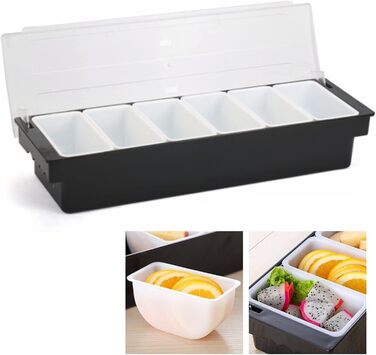 Набір контейнерів для подачі страв Смаколик 6 відділень, пластиковий та металевий контейнери для овочів, фруктів, спецій та гарнірів з кришками