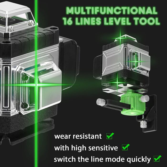 Поперечний лазер, лазерний рівень Geevorks 4D 12 ліній 3 самовирівнюючий поперечний лазерний зелений, 2 * 4800mAh акумулятор для внутрішнього і зовнішнього будівельного майданчика, 25M з чохлом для перенесення