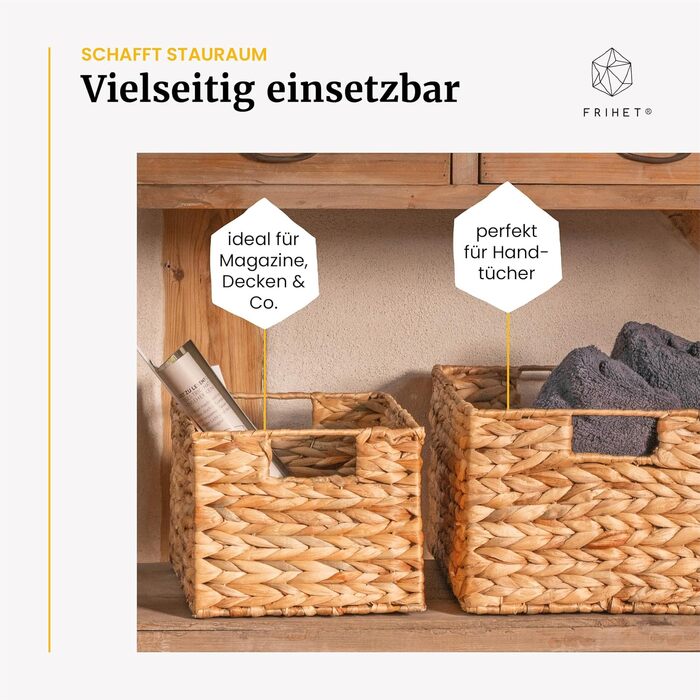Прямокутний кошик для зберігання FRIHET, плетений з водяного гіацинта Коробка для зберігання з ручками Невеликий кошик для білизни, органайзер для гардеробу та багато іншого Різні розміри (, розмір 3) Розмір 3