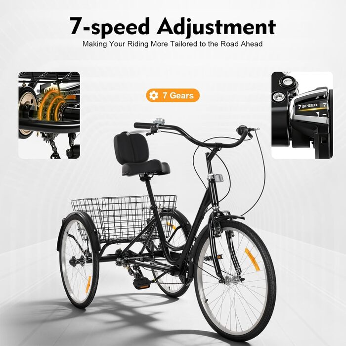 Дюймовий триколісний велосипед для дорослих, 7-швидкісний 3-колісний триколісний велосипед для покупок з кошиком, регульованим сидінням, міський велосипед, велосипед для відпочинку, триколісний велосипед для покупок для старших (чорний), 24-