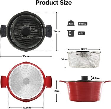 Горщик для картоплі фрі ROSSETTO 24 см з кошиком для смаження, каструля з литого алюмінію індукційна, горщик для картоплі фрі 2-в-1, зі скляною кришкою, антипригарне покриття, підходить для індукції, горщик для пасти 4,5 літра, червоний