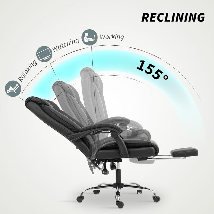 Ергономічне офісне крісло HOMCOM, регульоване на 155 з підставкою для ніг, стільце зі штучної шкіри, стійке до подряпин, легке в догляді, подвійна оббивка, м&39які підлокітники, поворотне регулювання висоти, чорний колір