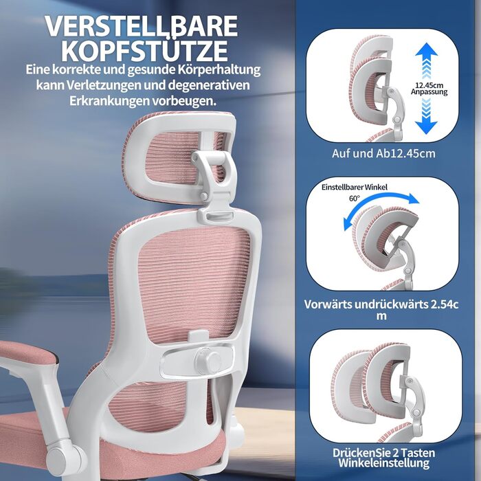 Ергономічне офісне крісло TRALT - Ігрове крісло з регульованим підголівником та поперековою опорою - Офісне крісло для дому - Комп&39ютерне крісло для високих людей - Сітчасте крісло, вантажопідйомність 150 кг, рожеве