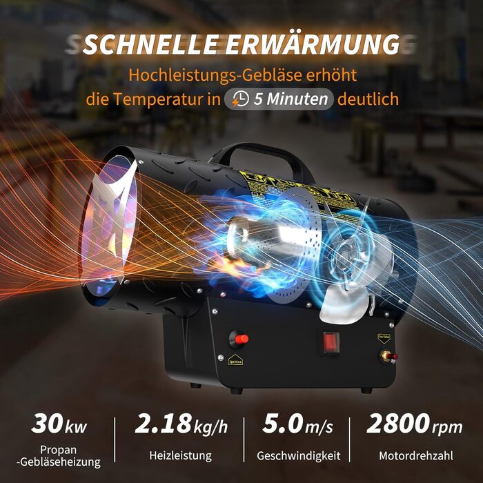 Газовий обігрівач для використання в приміщенні, газовий вентилятор-обігрівач потужністю 30 кВт, газовий обігрівач, газовий вентилятор-обігрівач, газовий вентилятор-обігрівач на пропані, потік повітря 700 м/год, включаючи газовий шланг 1,4 м та 700 мбар