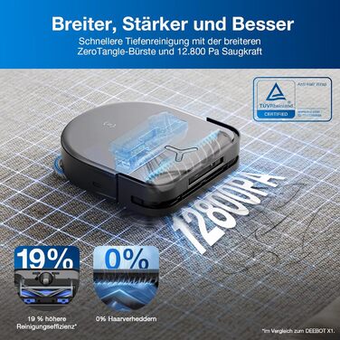 Робот для прибирання та пилососу, 12800 Па, проти заплутування, адаптивне очищення країв TruEdge, миття теплою водою при 70 C, інт