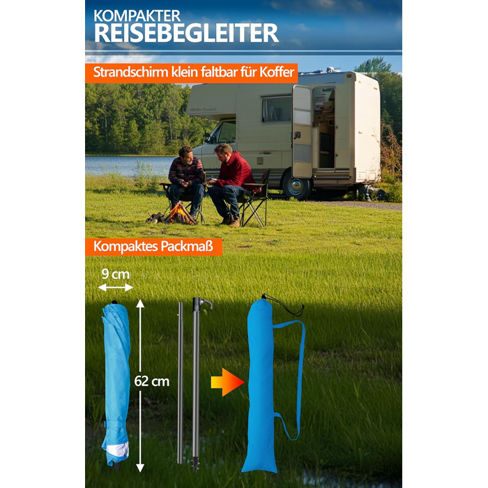 Пляжна парасолька Menz Ø 160 см - Функціональна дорожня парасолька UPF 50 для валіз - Практична, маленька складна пляжна парасолька, компактна пляжна парасолька, що поміщається у валізу, синя