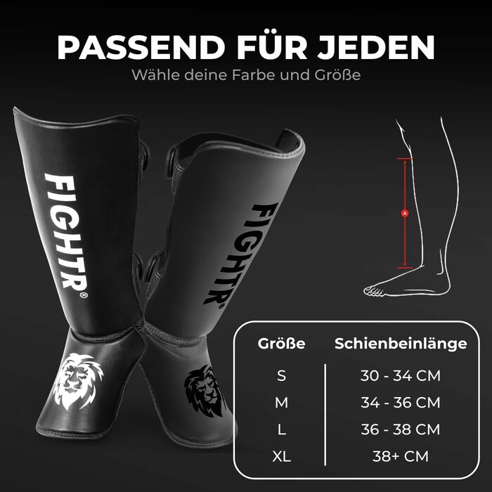 Щитки для гомілок FIGHTR - з ідеальною посадкою та ідеальною підкладкою Товстий захист гомілки для ударів ногами в кікбоксингу, ММА, муай-тай та інших бойових мистецтвах, розмір L, повністю чорний