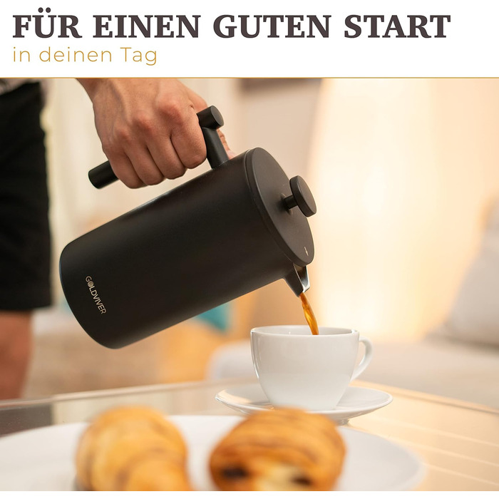 Голдвівер Френч-прес преміум класу 1 л Прес для кави з нержавіючої сталі S-304 Нержавіюча сталь Термоглечик з подвійними стінками 0,8 мм Чай/кава ізольована Ручна кавоварка матовий чорний