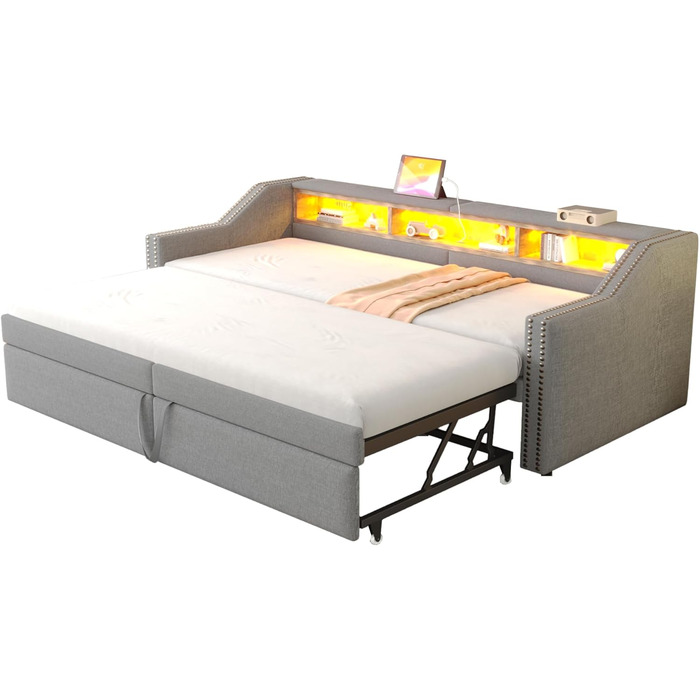 М&39яке ліжко, розкладне ліжко 90/180x200, кушетка/диван-ліжко зі світлодіодним підсвічуванням, USB-портом та відділенням для зберігання речей, односпальне/двоспальне ліжко, функціональний каркас ліжка з рейковою основою, лляне, без матраца, світло-сірий 