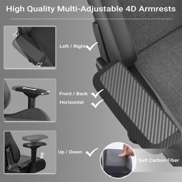 Ергономічне ігрове крісло Підтримка голови та попереку, велике високе офісне крісло, тканинний чохол, функція нахилу 155 з механізмом блокування, темно-сірий