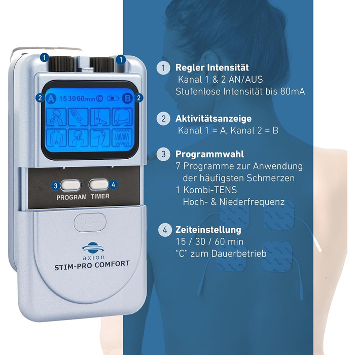 Апарат для терапії болю axion TENS STIM-PRO Comfort - 4 шт. 5х5 см електродні подушечки Пристрій для стимуляційного струму для терапії болю, наприклад, при остеоартриті, артриті, шиї, спині, суглобах Сертифікація. Медичний виріб 1) STIM-PRO Комфорт